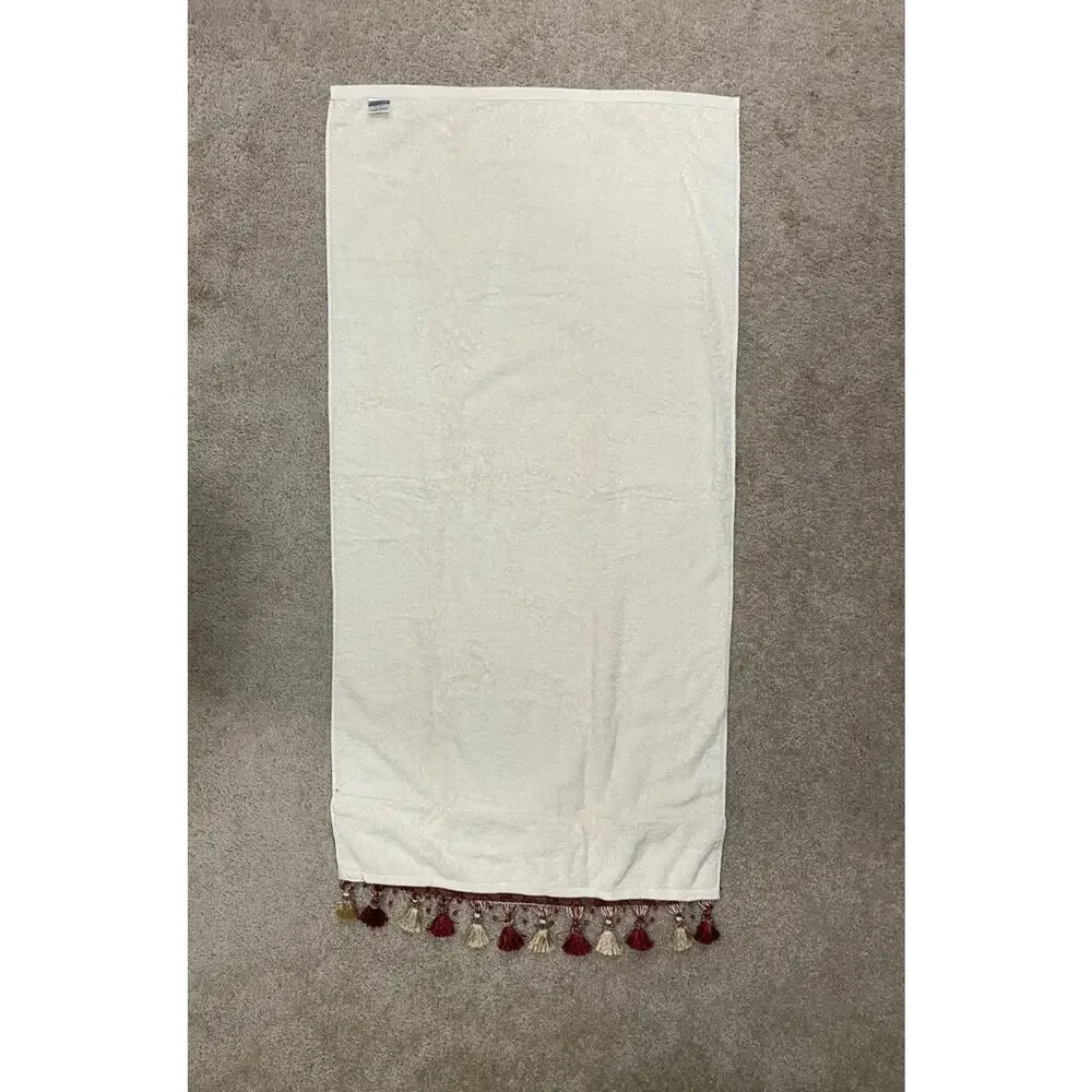 Croscill Burgundy Gold Hand Bath Towel Set Tassel Fringe Bead Damask Decorative
